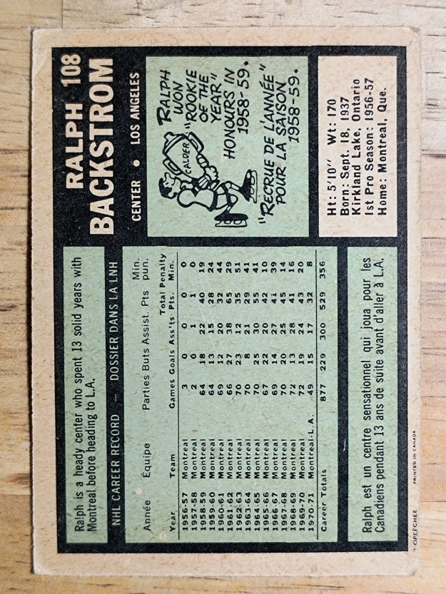 1971-72 O-Pee-Chee #108 Ralph Backstrom (GOOD)