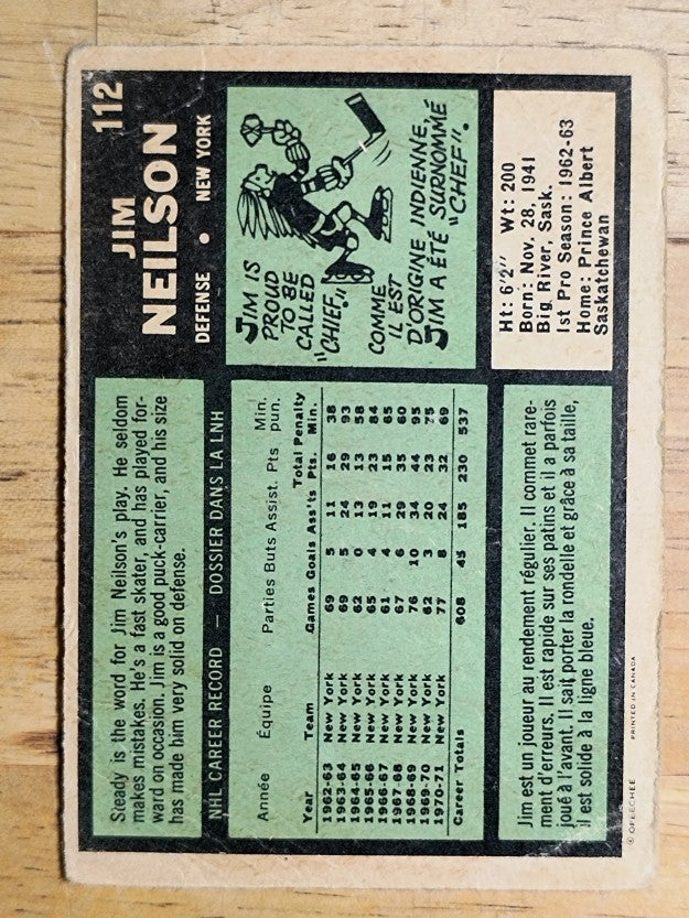 1971-72 O-Pee-Chee #112 Jim Neilson (POOR)