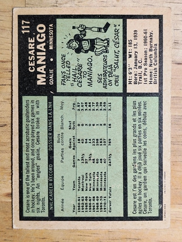 1971-72 O-Pee-Chee #117 Cesare Maniago (VG)
