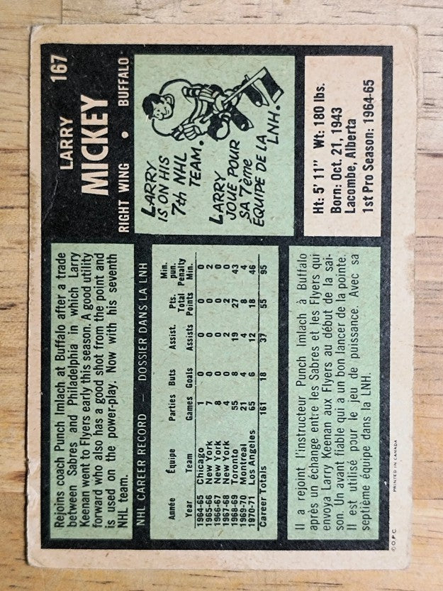 1971-72 O-Pee-Chee #167 Larry Mickey (POOR)