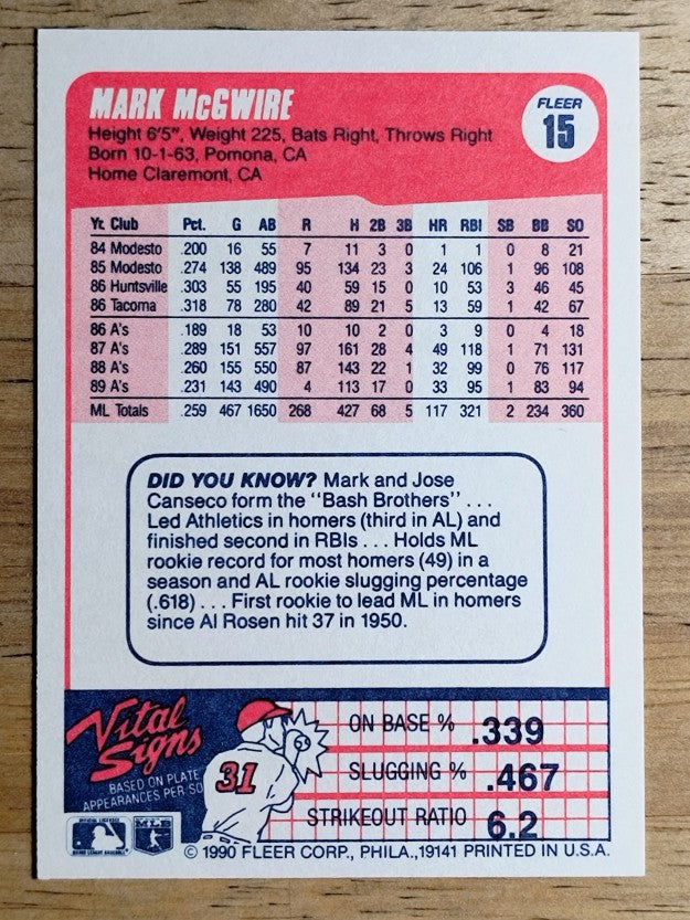 1990 Fleer #15 Mark McGwire