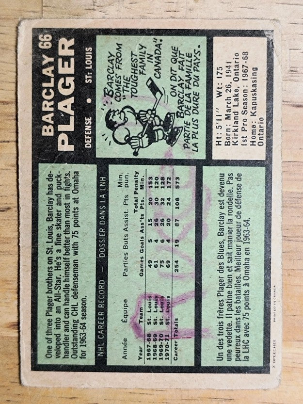 1971-72 O-Pee-Chee #66 Barclay Plager (POOR)