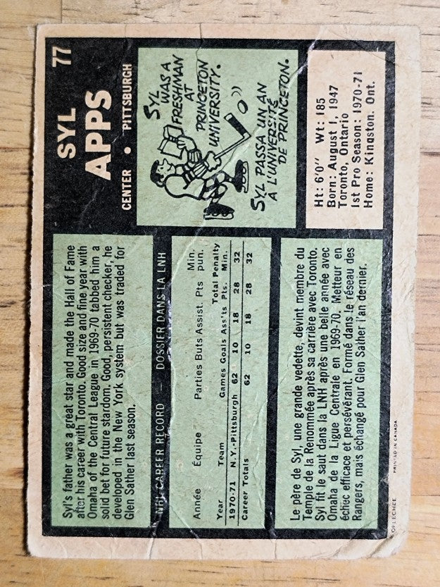 1971-72 O-Pee-Chee #77 Syl Apps RC (POOR)