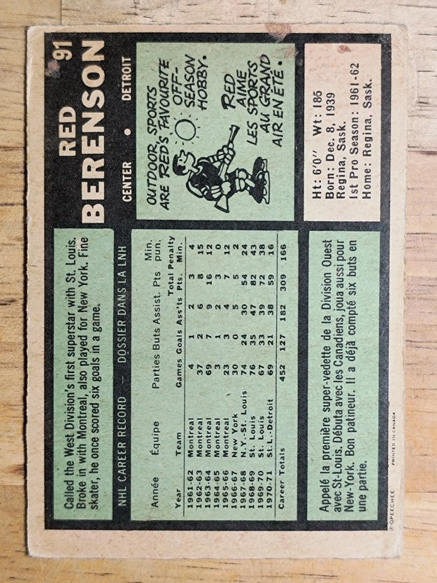 1971-72 O-Pee-Chee #91 Red Berenson (POOR)