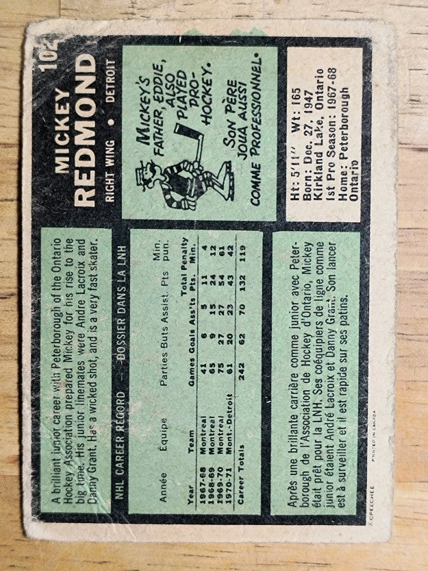 1971-72 O-Pee-Chee #102 Mickey Redmond (POOR)