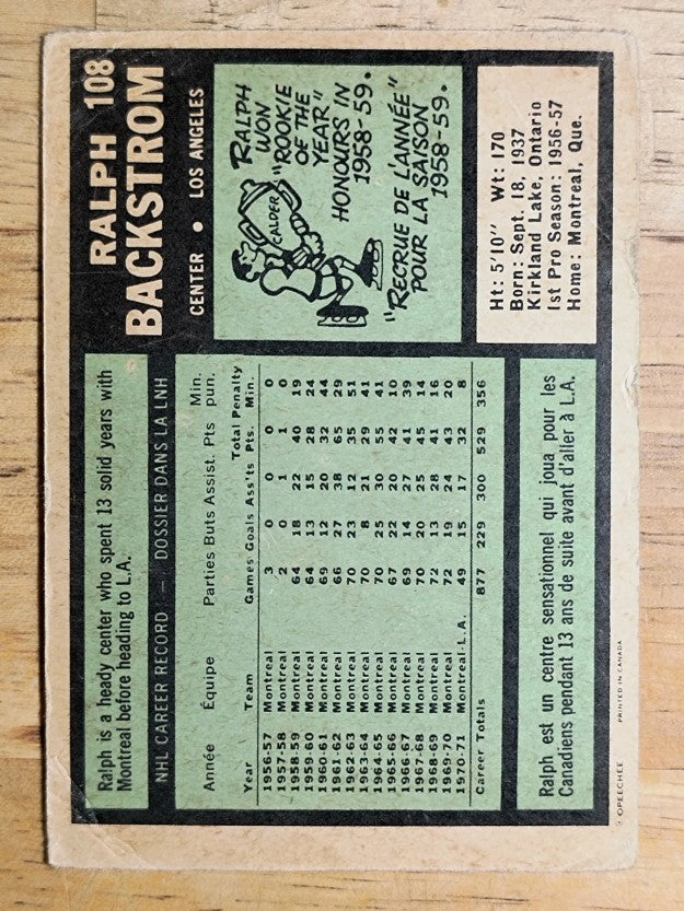 1971-72 O-Pee-Chee #108 Ralph Backstrom (POOR)