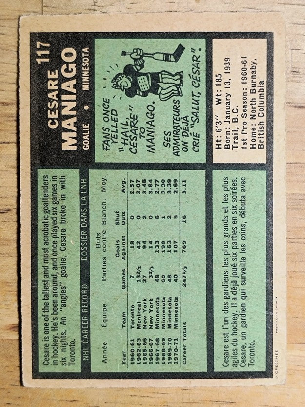 1971-72 O-Pee-Chee #117 Cesare Maniago (GOOD)