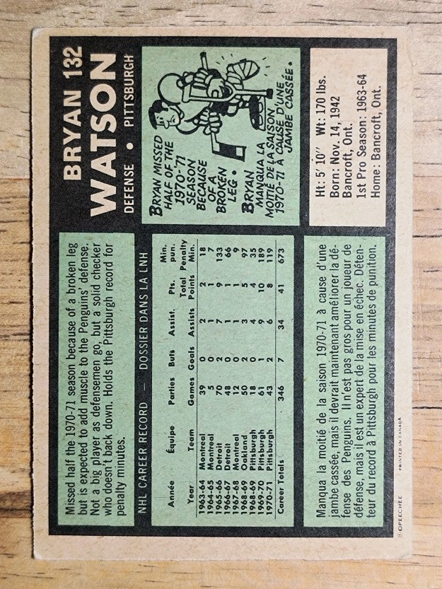 1971-72 O-Pee-Chee #132 Bryan Watson (VGEX)