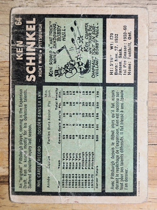 1971-72 O-Pee-Chee #64 Ken Schinkel (POOR)