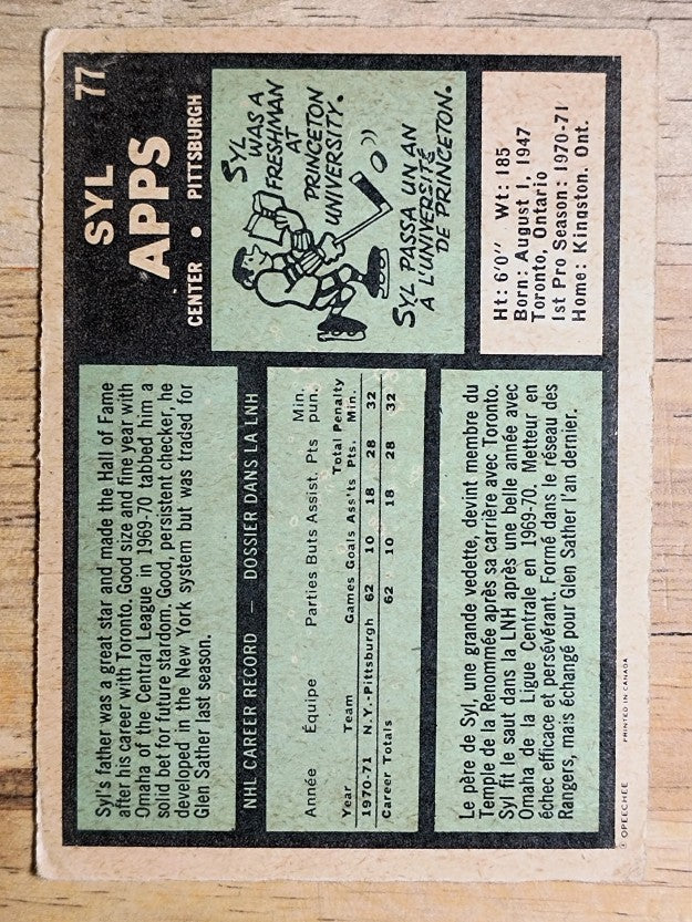 1971-72 O-Pee-Chee #77 Syl Apps RC (GOOD)
