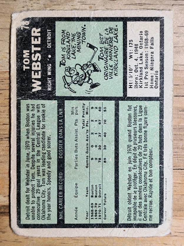 1971-72 O-Pee-Chee #78 Tom Webster (POOR)