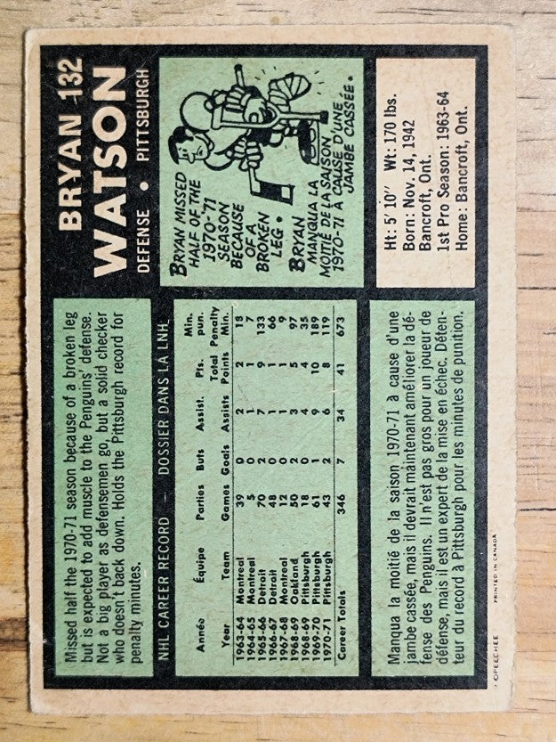 1971-72 O-Pee-Chee #132 Bryan Watson (GOOD)
