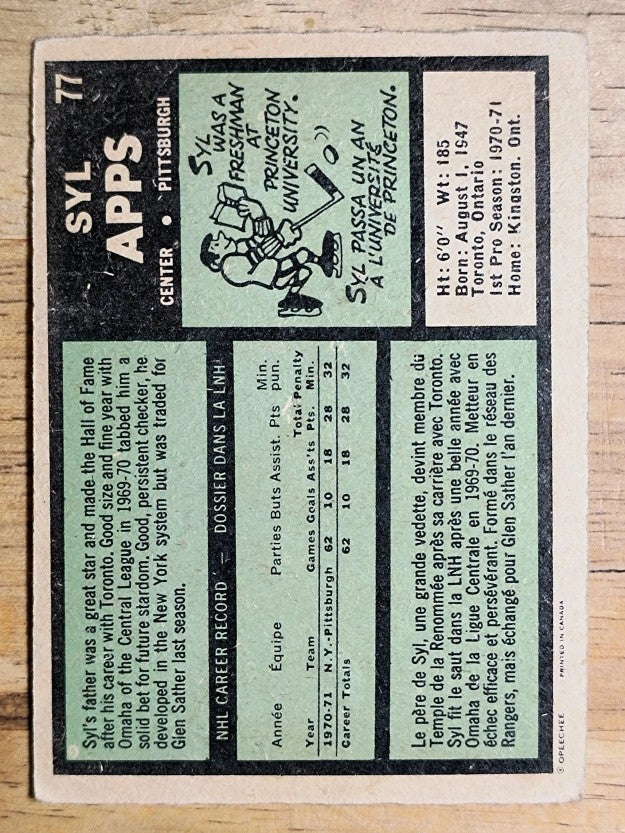 1971-72 O-Pee-Chee #77 Syl Apps RC (GOOD)