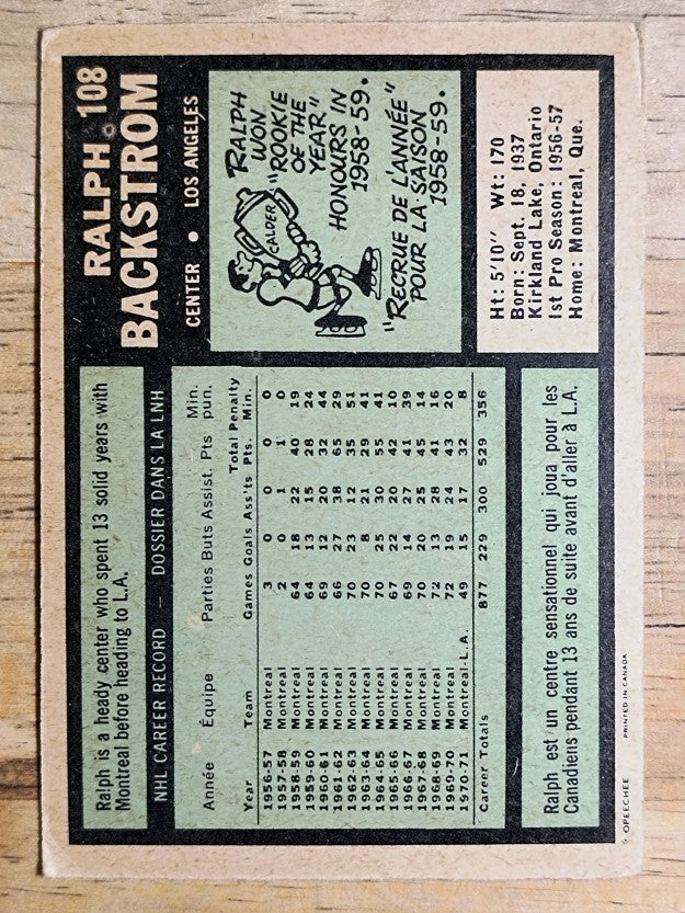 1971-72 O-Pee-Chee #108 Ralph Backstrom (VG)