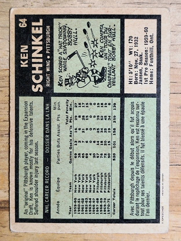 1971-72 O-Pee-Chee #64 Ken Schinkel (GOOD)