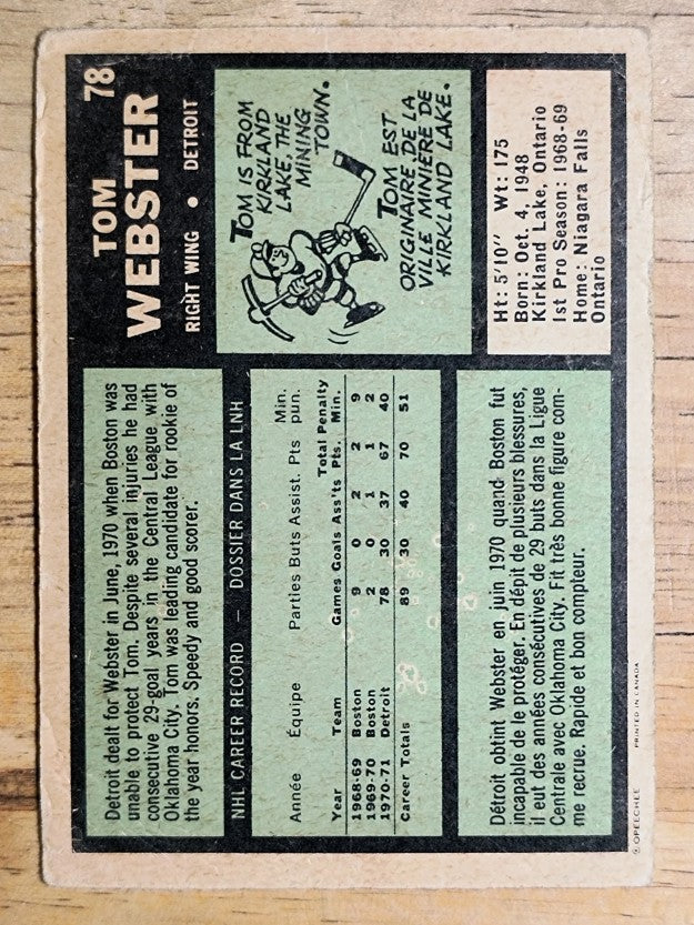 1971-72 O-Pee-Chee #78 Tom Webster (POOR)