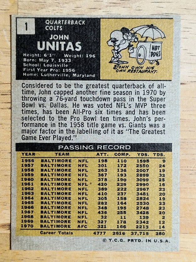 1971 Topps #1 Johnny Unitas (VGEX)