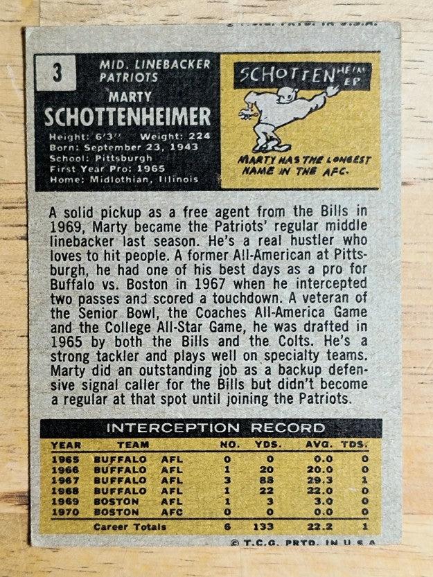 1971 Topps #3 Marty Schottenheimer RC (EX)
