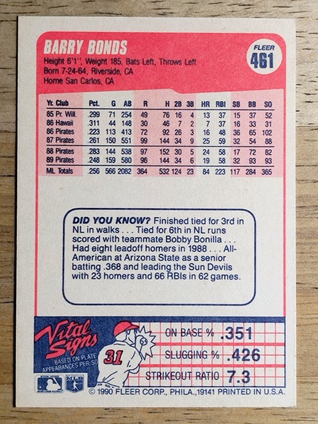 1990 Fleer #461 Barry Bonds