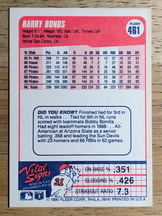 1990 Fleer #461 Barry Bonds