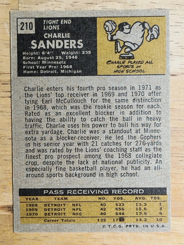 1971 Topps #210 Charlie Sanders RC (EXMT)