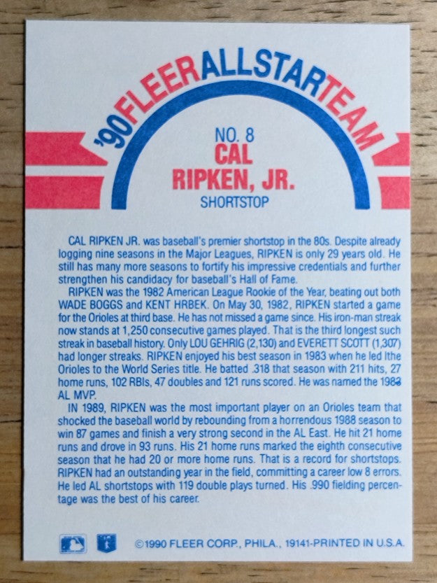 1990 Fleer All-Stars #8 Cal Ripken