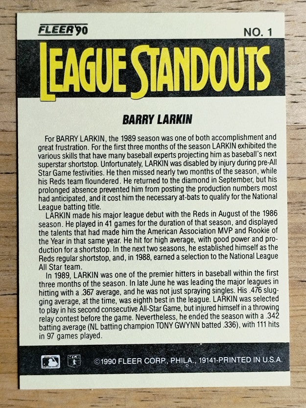 1990 Fleer League Standouts #1 Barry Larkin