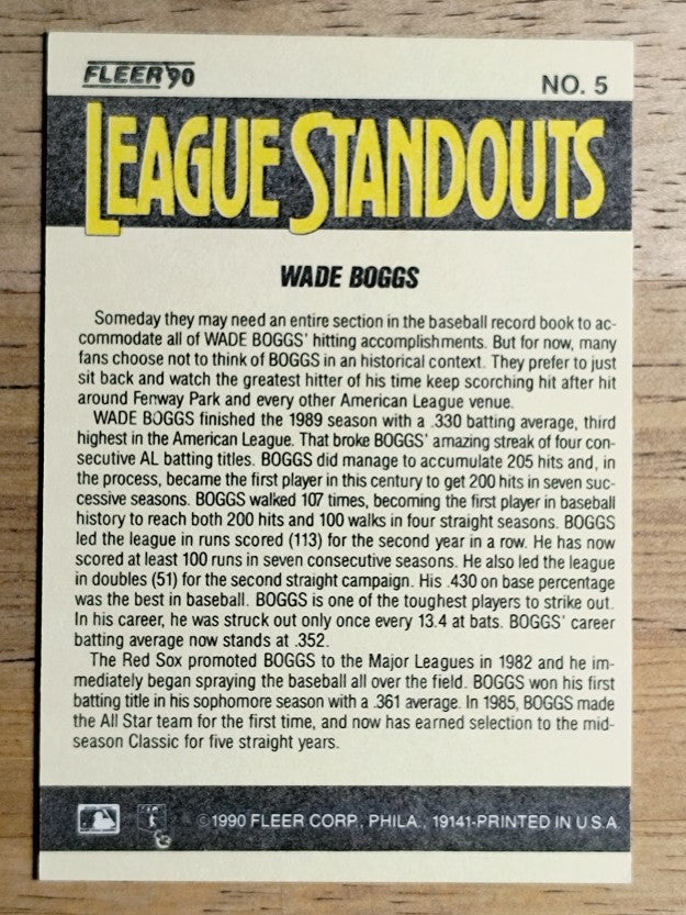 1990 Fleer League Standouts #5 Wade Boggs
