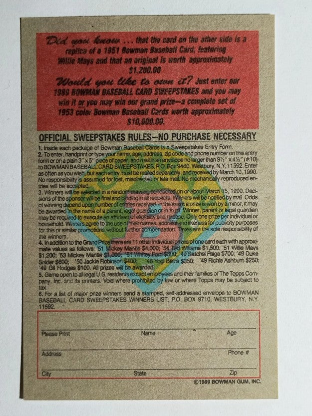 1989 Bowman Reprint Inserts #7 Willie Mays 51