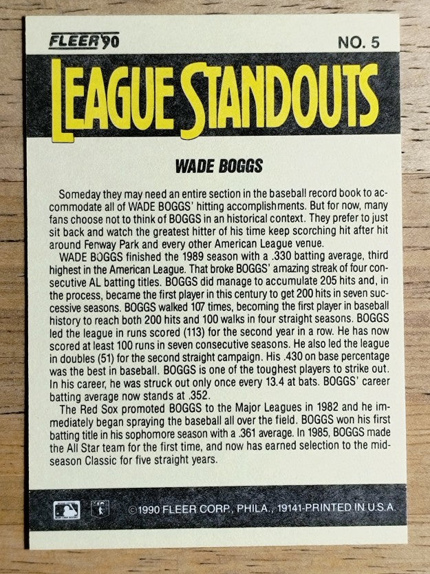 1990 Fleer League Standouts #5 Wade Boggs
