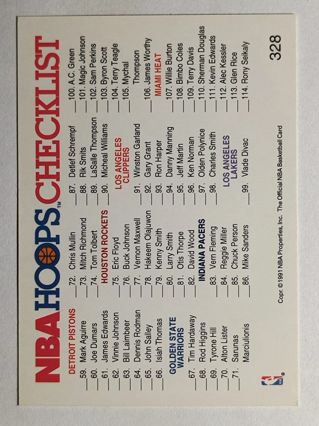 1991-92 Hoops #328 Checklist 1