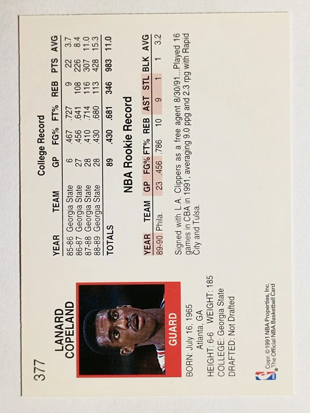 1991-92 Hoops #377 Lanard Copeland