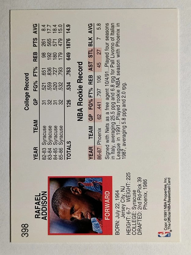 1991-92 Hoops #398 Rafael Addison RC