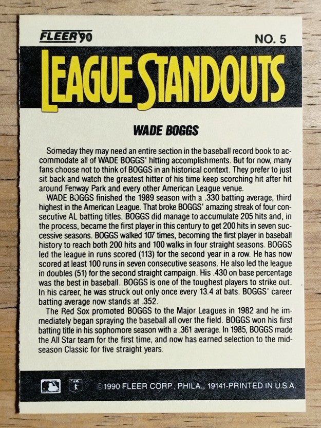 1990 Fleer League Standouts #5 Wade Boggs