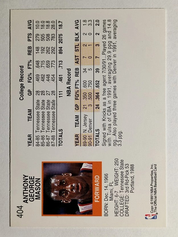 1991-92 Hoops #404 Anthony Mason RC