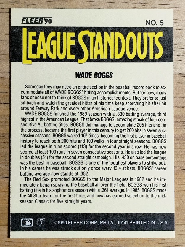 1990 Fleer League Standouts #5 Wade Boggs