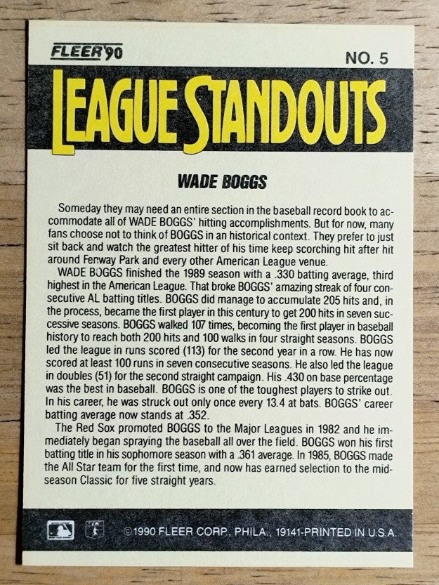 1990 Fleer League Standouts #5 Wade Boggs
