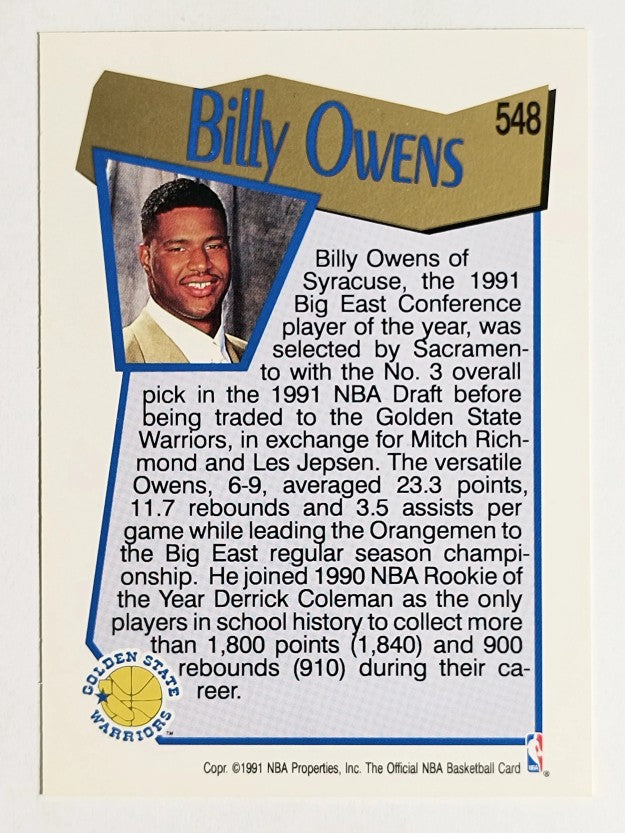 1991-92 Hoops #548 Billy Owens RC