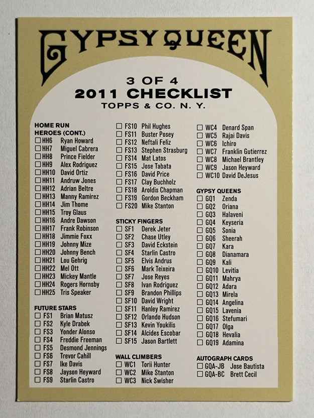 2011 Topps Gypsy Queen Checklists #3 Inserts