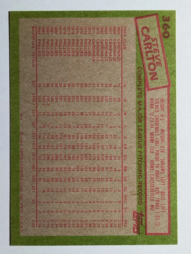 1985 Topps #360 Steve Carlton