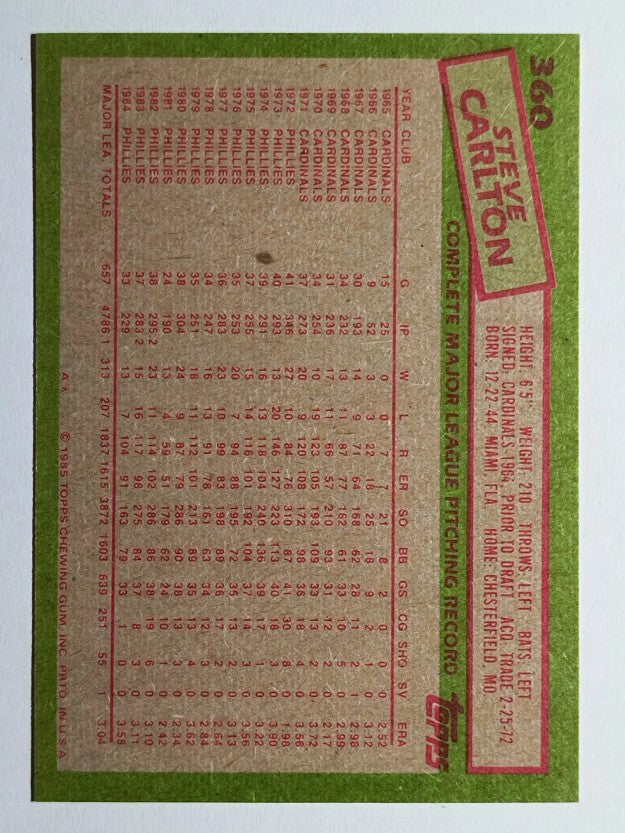 1985 Topps #360 Steve Carlton