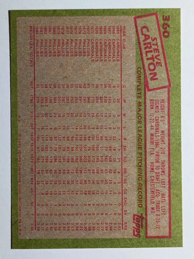 1985 Topps #360 Steve Carlton