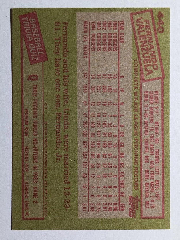 1985 Topps #440 Fernando Valenzuela