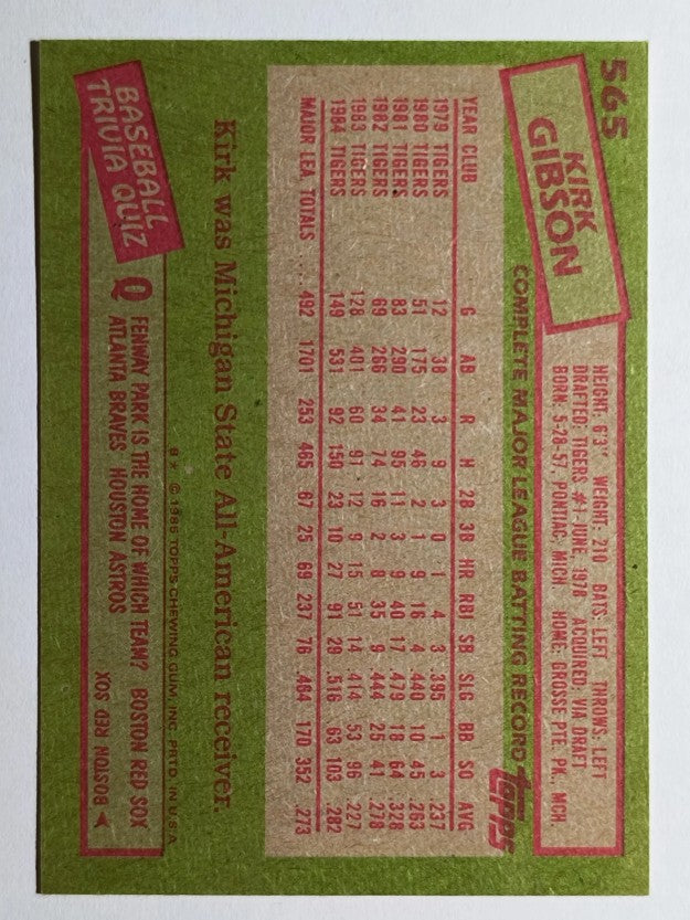 1985 Topps #565 Kirk Gibson