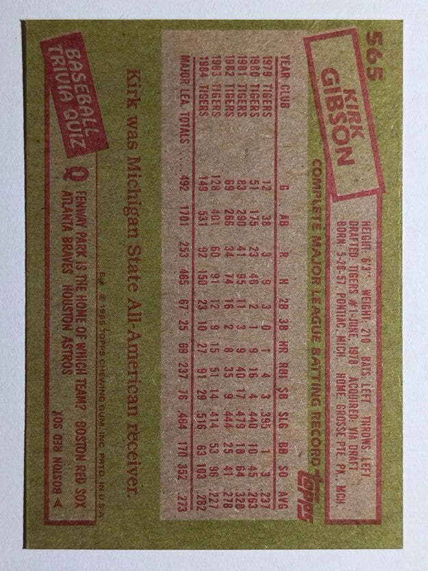 1985 Topps #565 Kirk Gibson