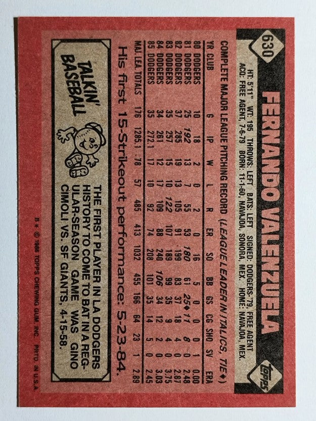 1986 Topps #630 Fernando Valenzuela