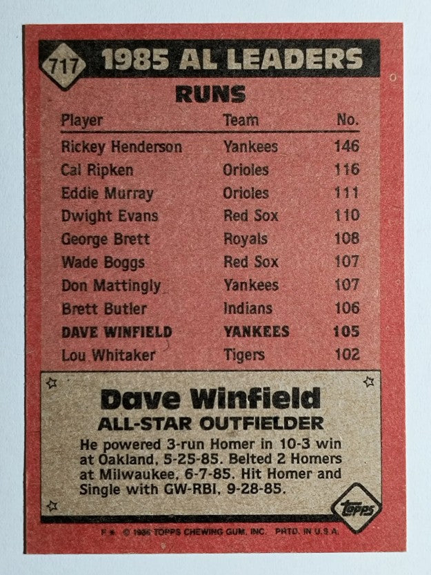 1986 Topps #717 Dave Winfield AS
