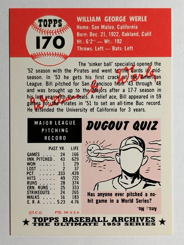 1991 Topps Archives '53 #170 Bill Werle