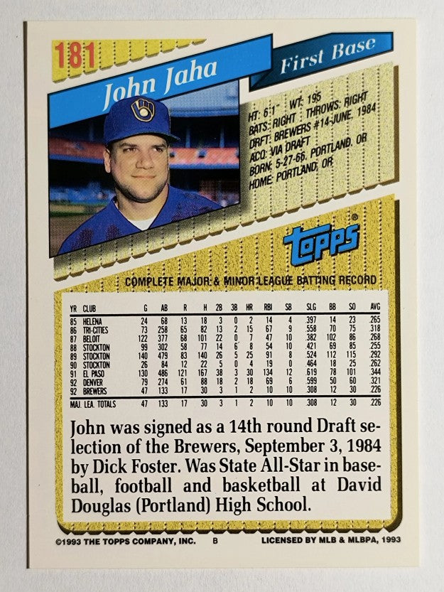 1993 Topps Gold #181 John Jaha