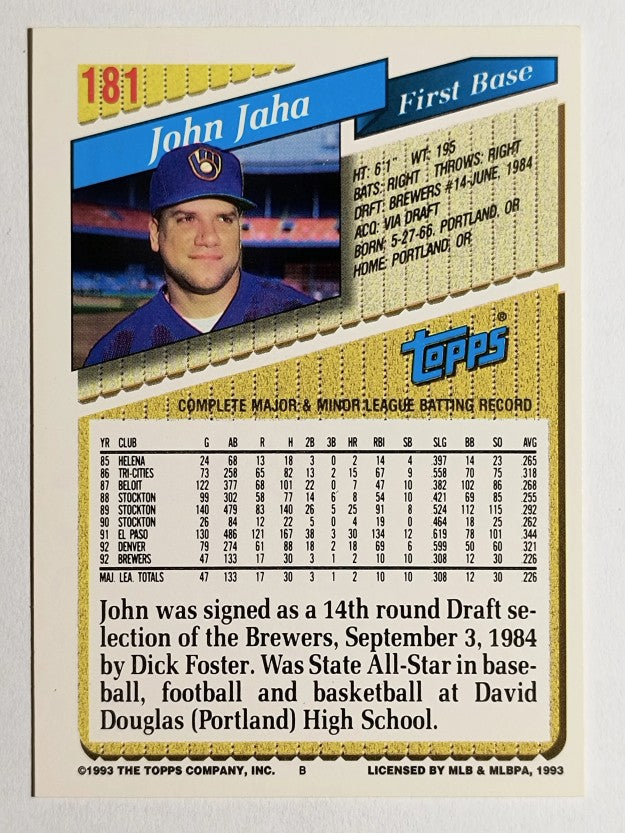 1993 Topps Gold #181 John Jaha